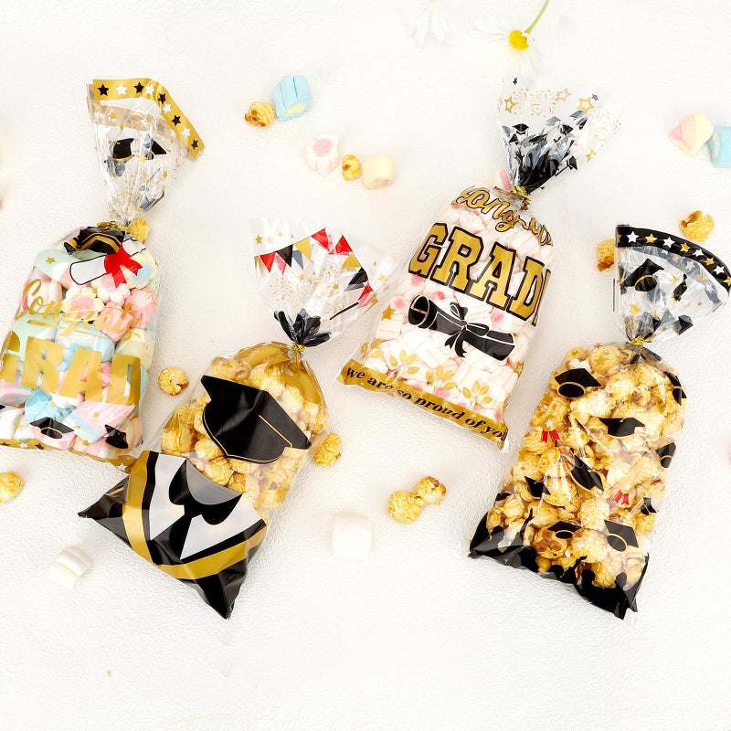 Leislam Graduation Treat Bags  Graduation Cellophane Treat Bags  100 PCS Graduation Gift Bags  Graduation Cello Candy Cookie Bags with 100 Pcs Gold Ties for Graduation Party Favors Supplies  4 Styles - Image 3